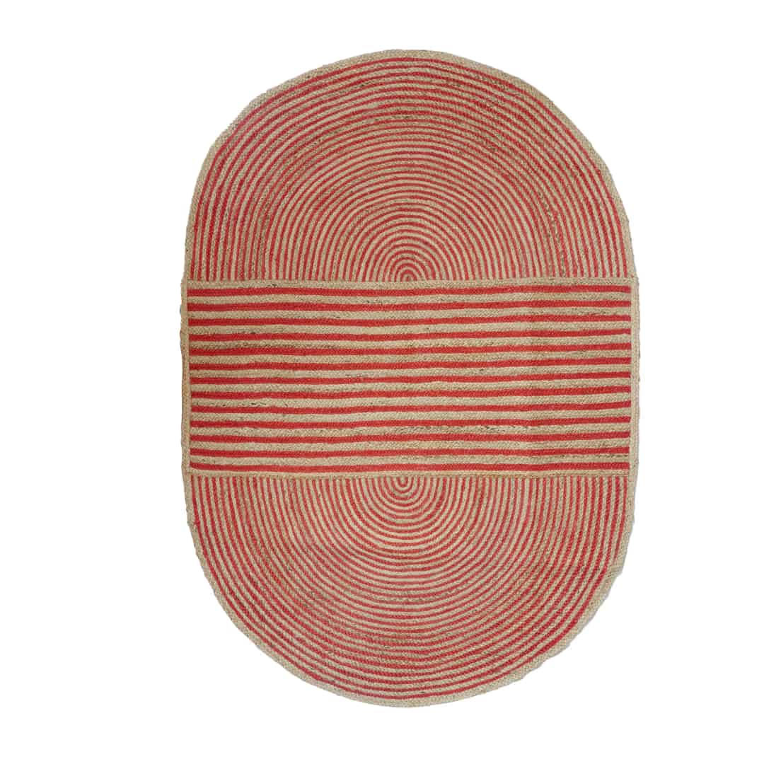 Oval Shape Handmade Braided Bohemian Natural Jute Rug with Color Stripes - Image 1