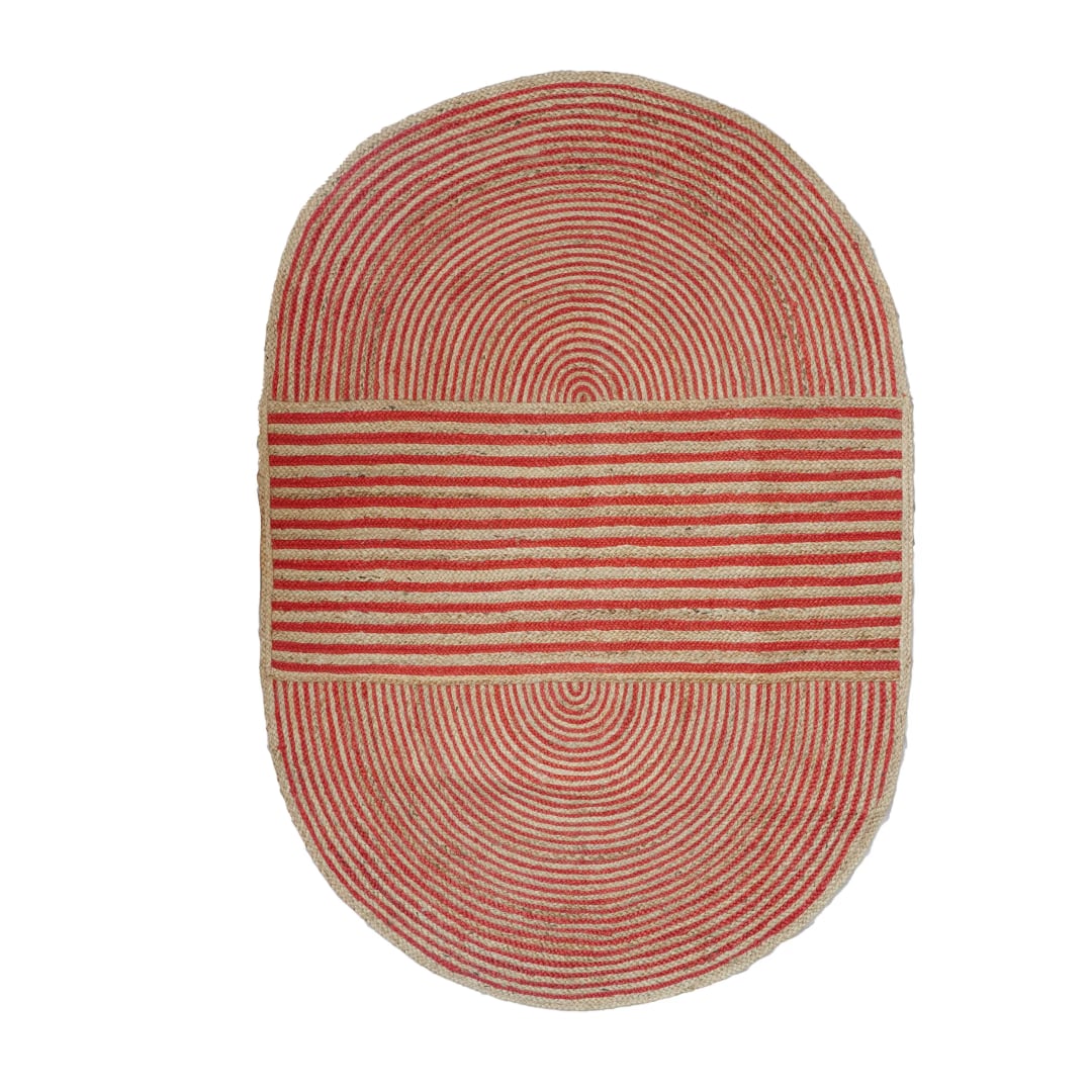 Oval Shape Handmade Braided Bohemian Natural Jute Rug with Color Stripes
