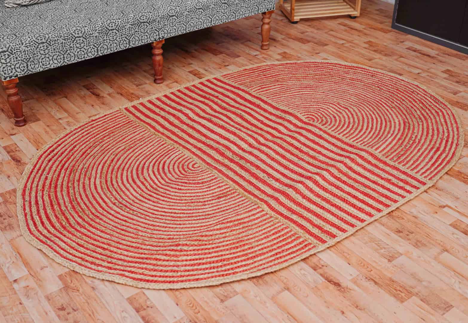 Oval Shape Handmade Braided Bohemian Natural Jute Rug with Color Stripes - Image 2