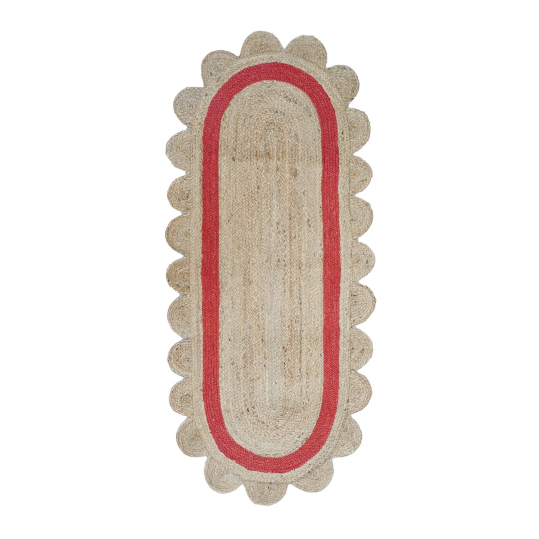 Scalloped Hand Braided Natural Jute Oval Rug with Color Border