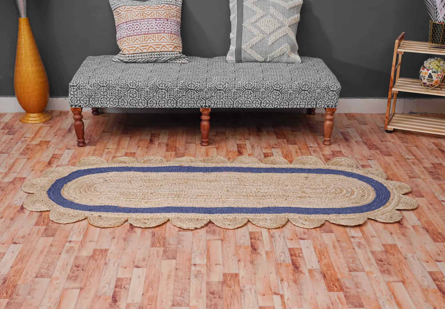 Bohemian Home Decor Handmade Natural Jute Braided Oval Scalloped Rug with Color Border - Image 2