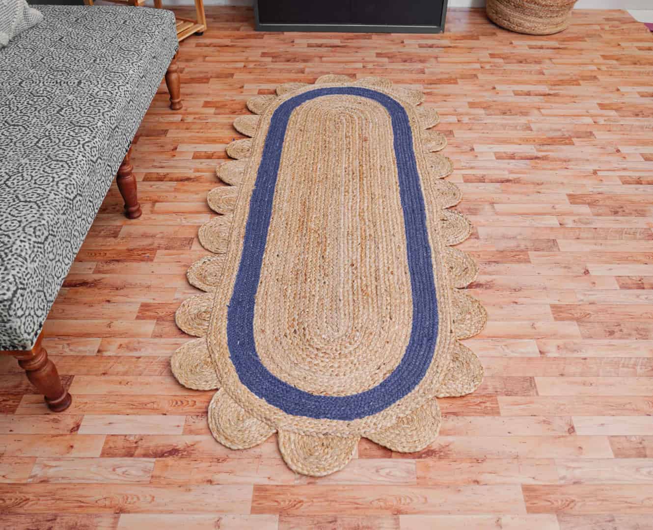 Bohemian Home Decor Handmade Natural Jute Braided Oval Scalloped Rug with Color Border - Image 3