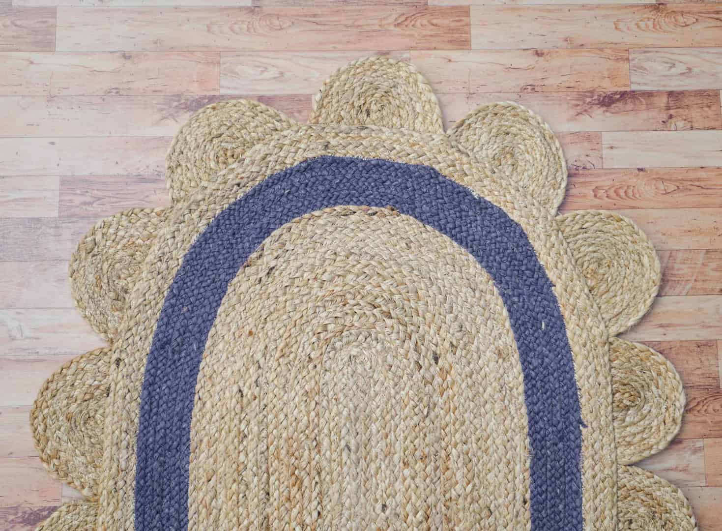 Bohemian Home Decor Handmade Natural Jute Braided Oval Scalloped Rug with Color Border - Image 5