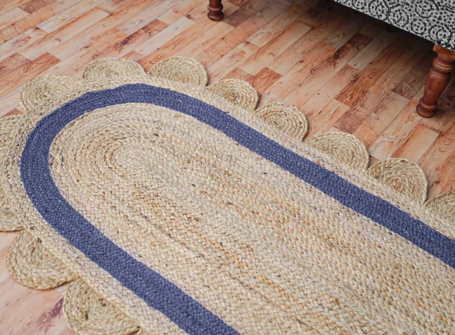 Bohemian Home Decor Handmade Natural Jute Braided Oval Scalloped Rug with Color Border - Image 6