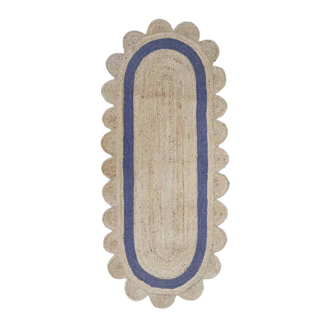Bohemian Home Decor Handmade Natural Jute Braided Oval Scalloped Rug with Color Border - Image 1