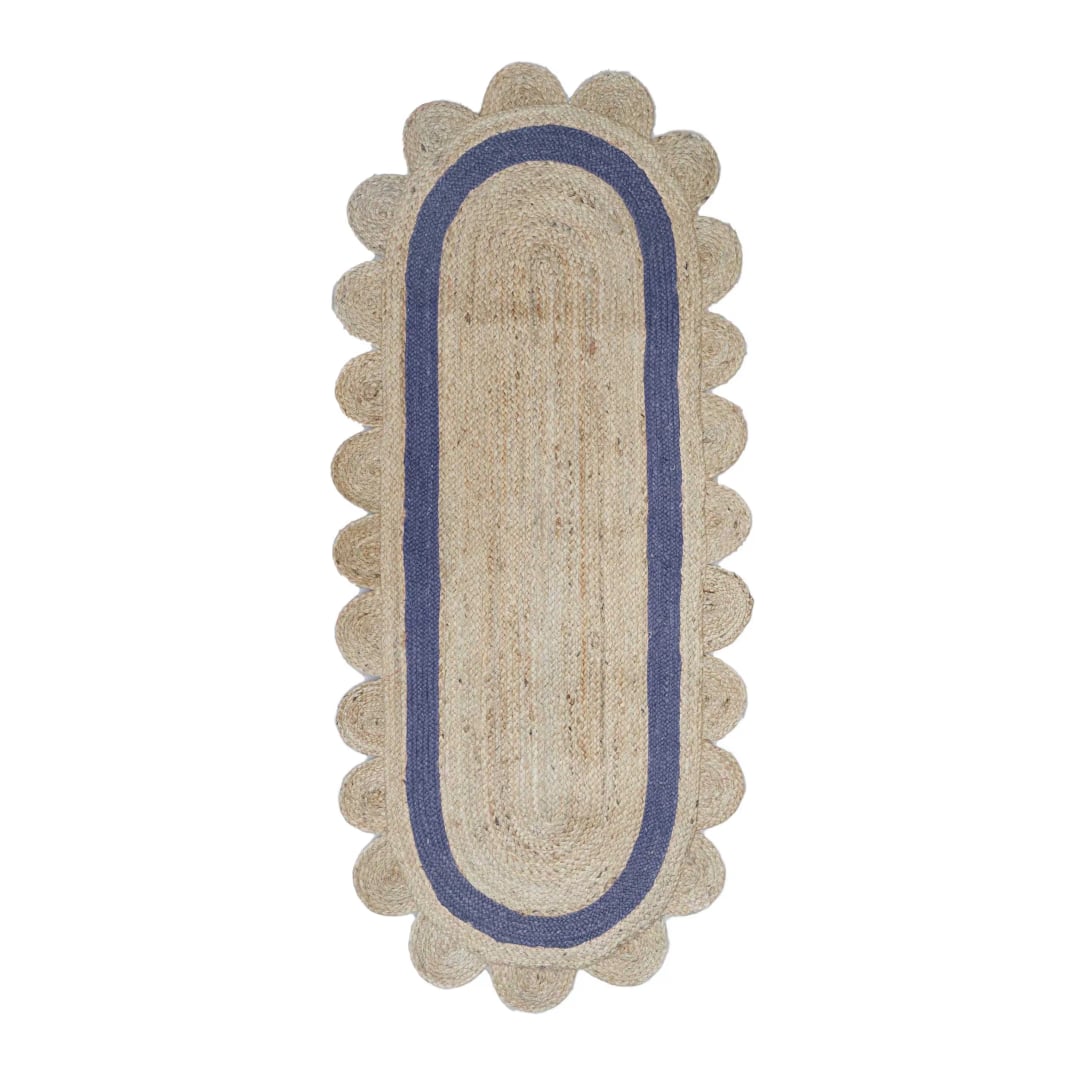 Bohemian Home Decor Handmade Natural Jute Braided Oval Scalloped Rug with Color Border
