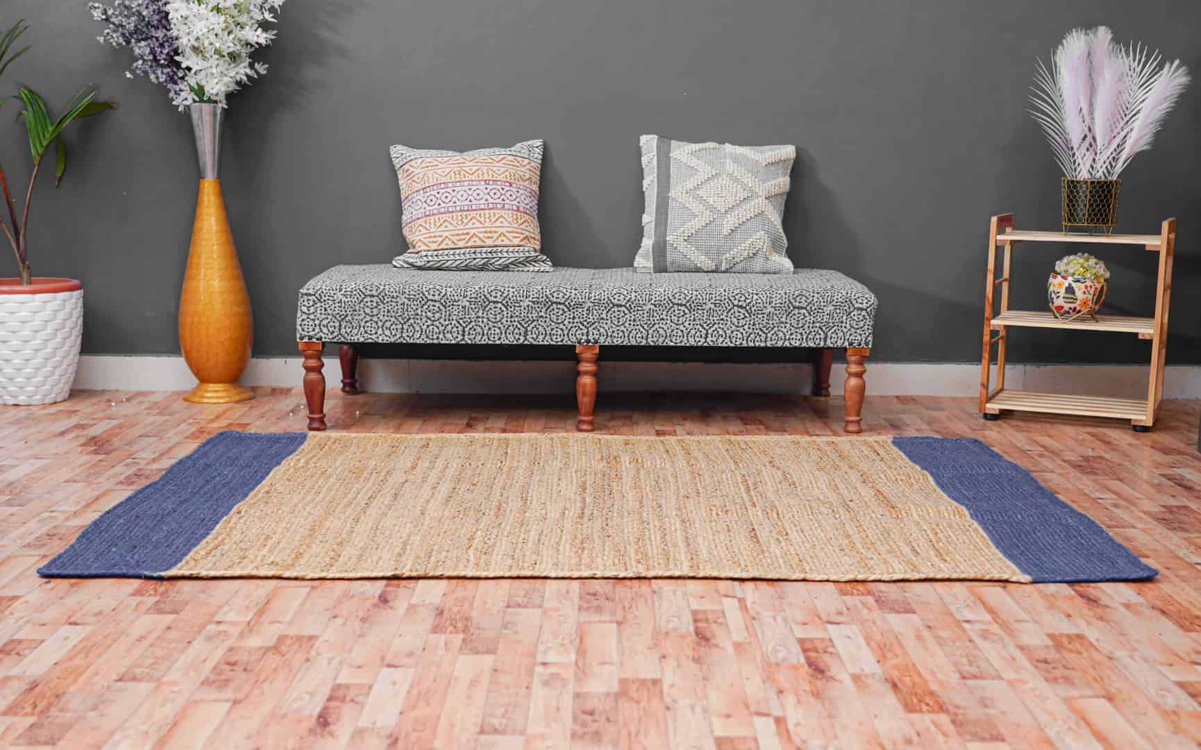 Large Area Hand Braided Beige with Color Bordered Bohemian Jute Rectangle Rug - Image 2