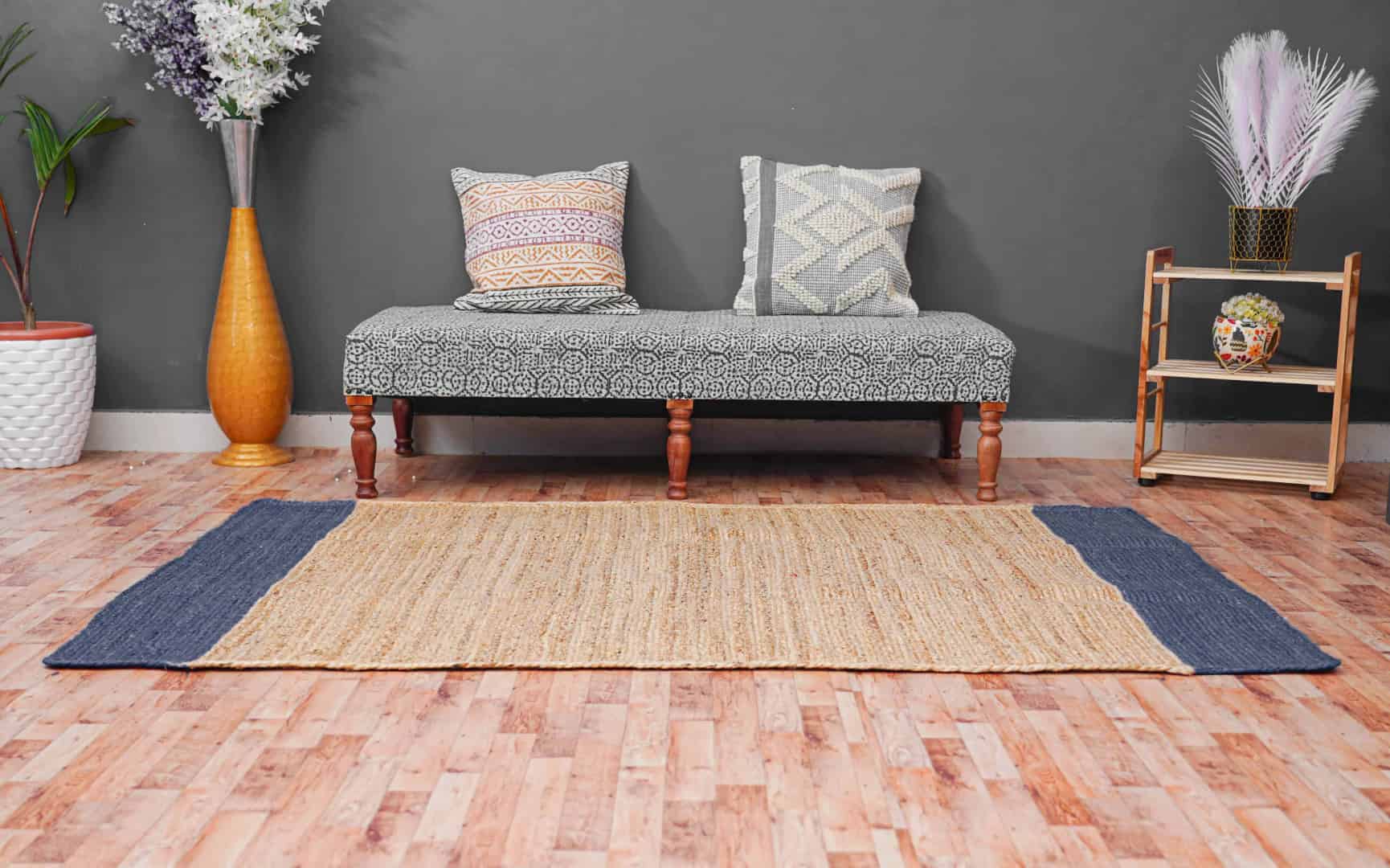 Eco Friendly Handmade Bohemian Natural Jute Braided Rectangle Rug with Color Border - Image 2