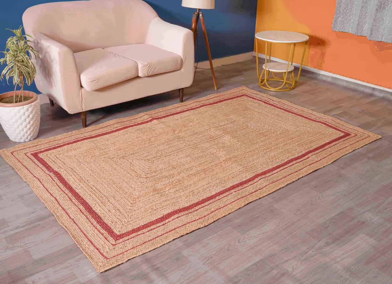 Large Area Hand Braided Bohemian Natural Jute Rug with Color Border - Image 3