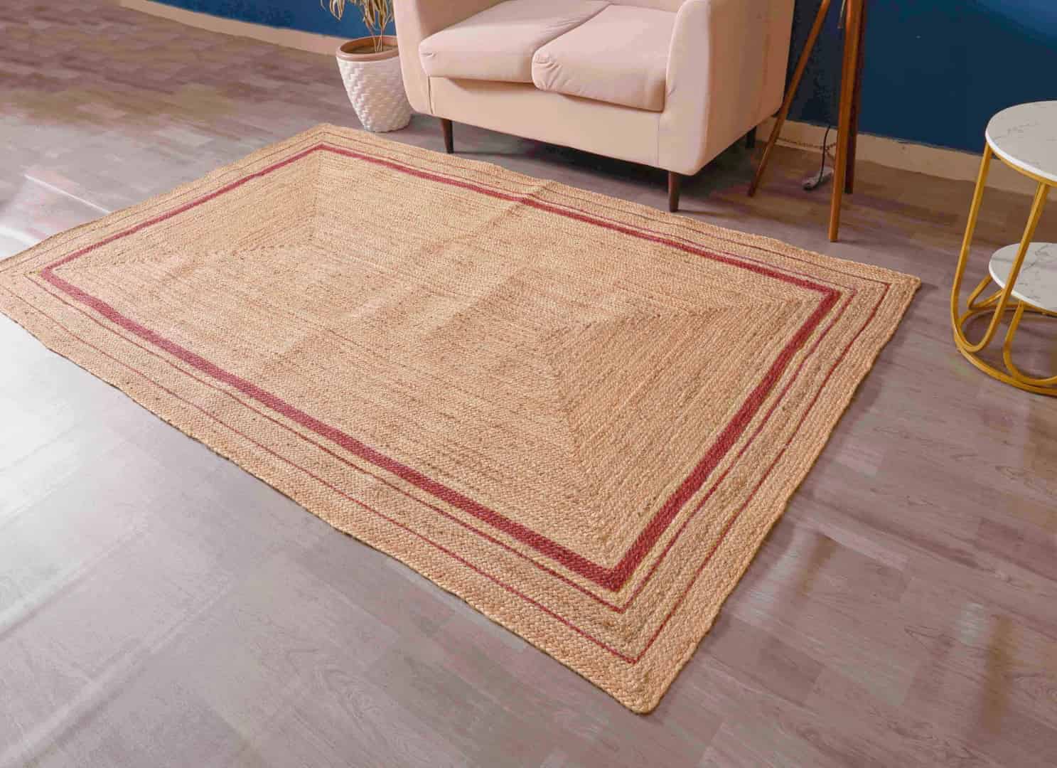 Large Area Hand Braided Bohemian Natural Jute Rug with Color Border - Image 4