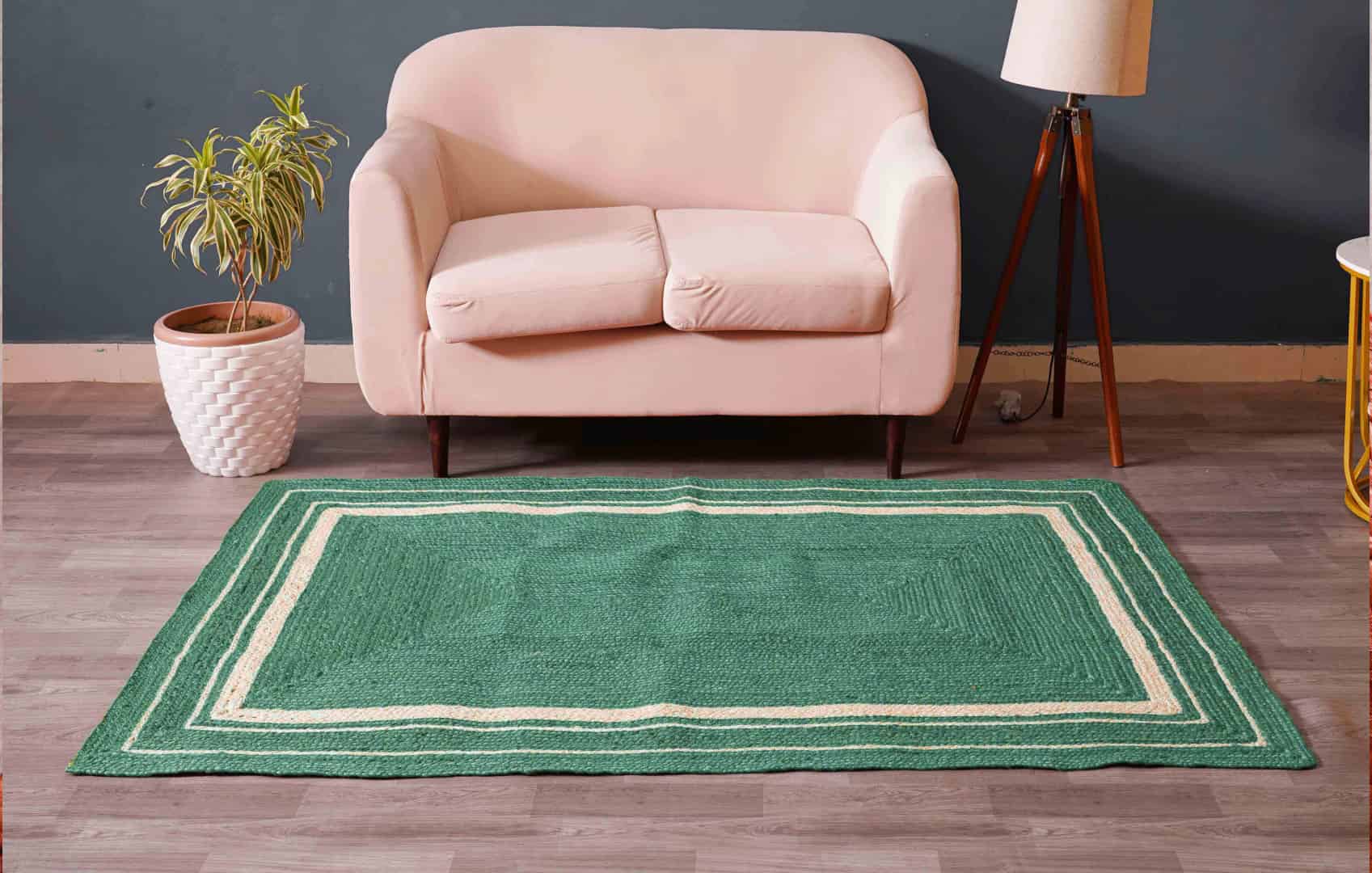 Traditional Indian Custom Color with White Triple Line Border Handmade Jute Braided Rectangle Rug - Image 1