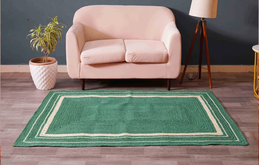 Traditional Indian Custom Color with White Triple Line Border Handmade Jute Braided Rectangle Rug