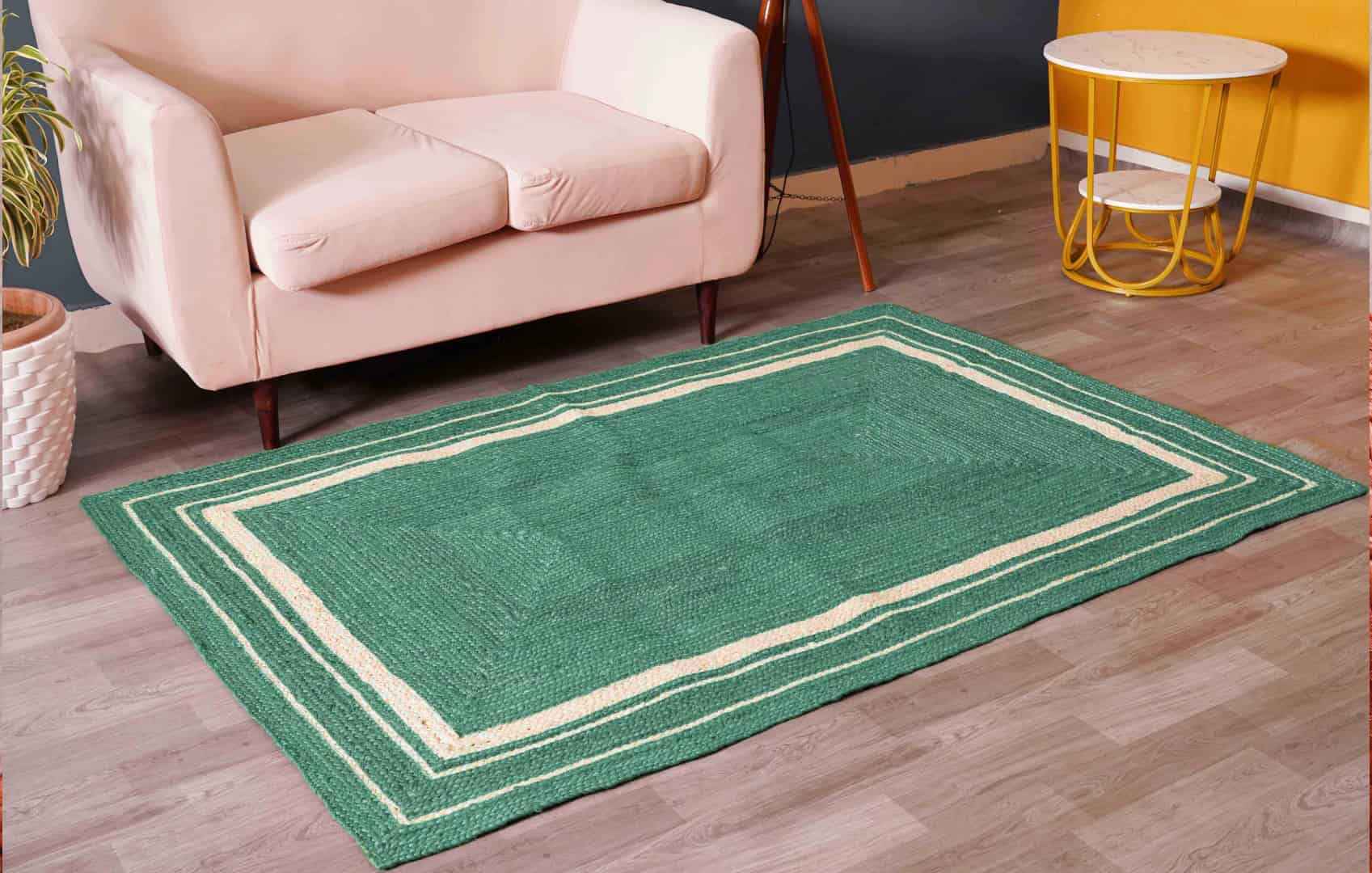 Traditional Indian Custom Color with White Triple Line Border Handmade Jute Braided Rectangle Rug - Image 2