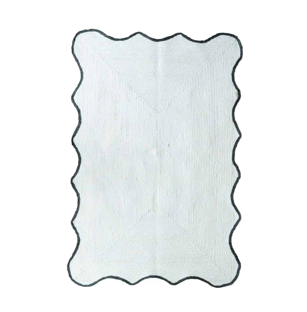 Hand Braided Scalloped Rectangle Jute Rug White with Wavy Edge Black Border - Image 1