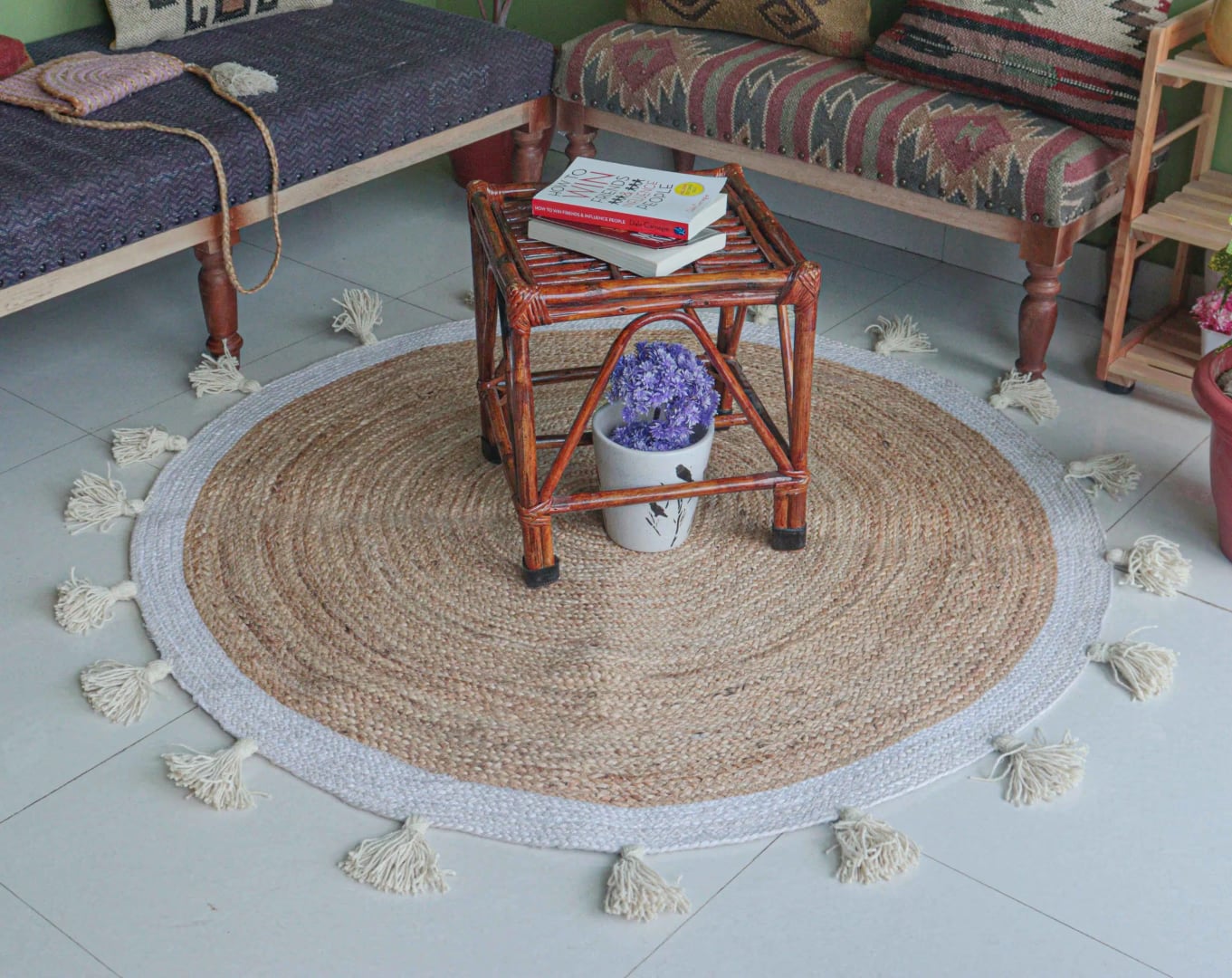 Beige with White Border and Fringes Handmade Bohemian Braided Round Jute Rug