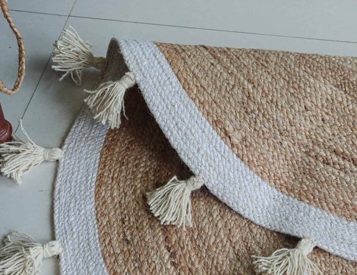 Beige with White Border and Fringes Handmade Bohemian Braided Round Jute Rug - Image 3