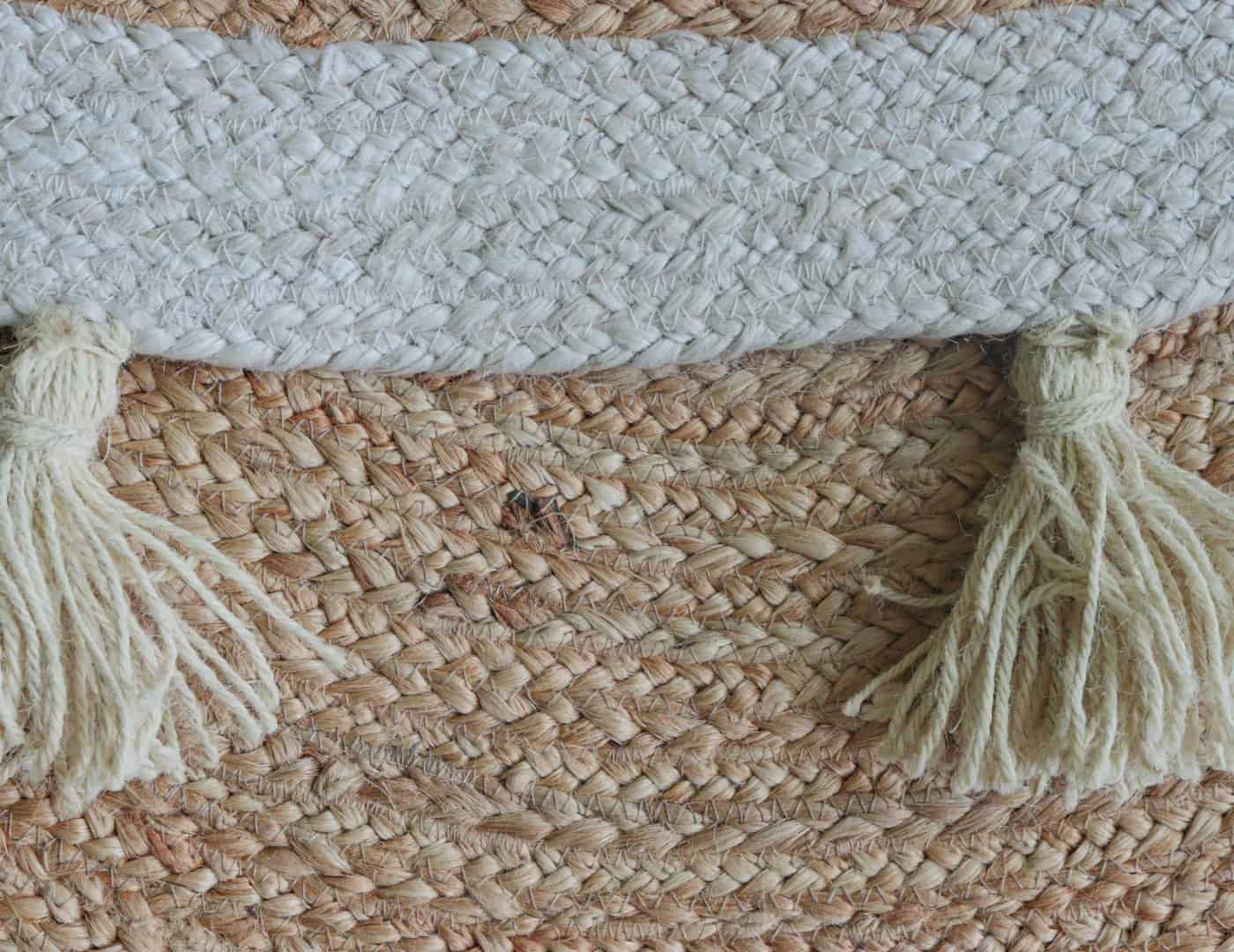Beige with White Border and Fringes Handmade Bohemian Braided Round Jute Rug - Image 5