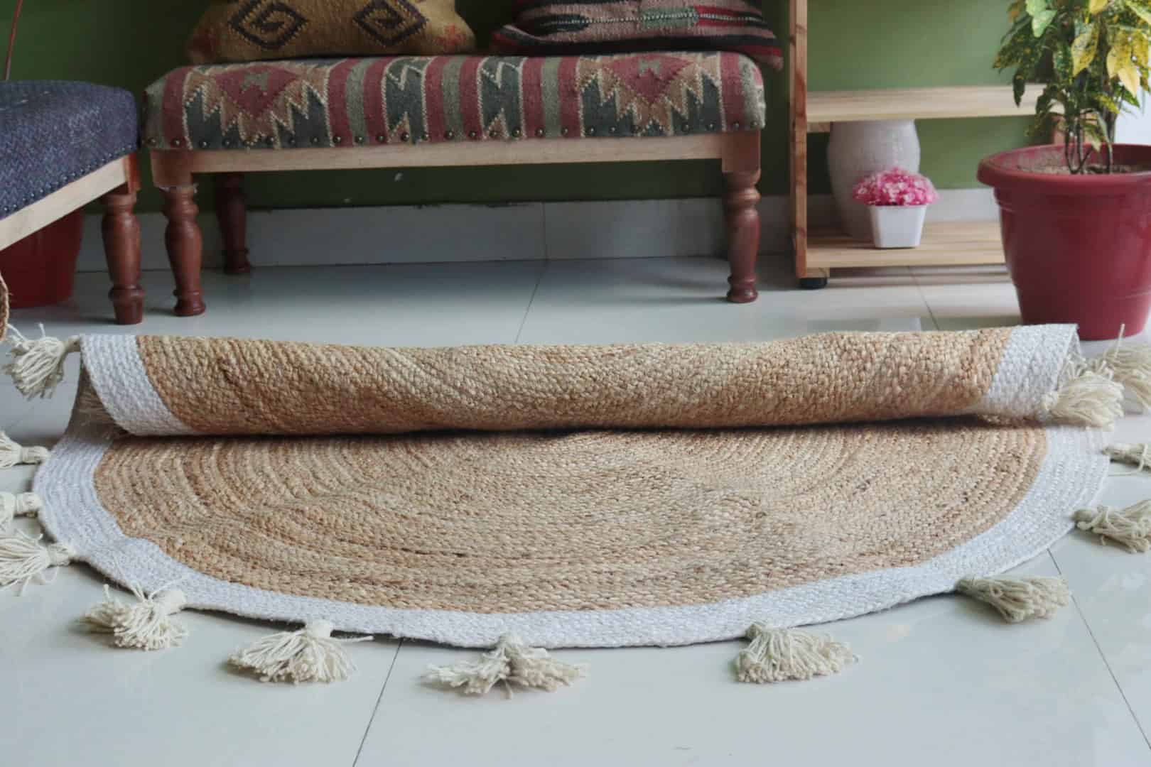 Beige with White Border and Fringes Handmade Bohemian Braided Round Jute Rug - Image 7