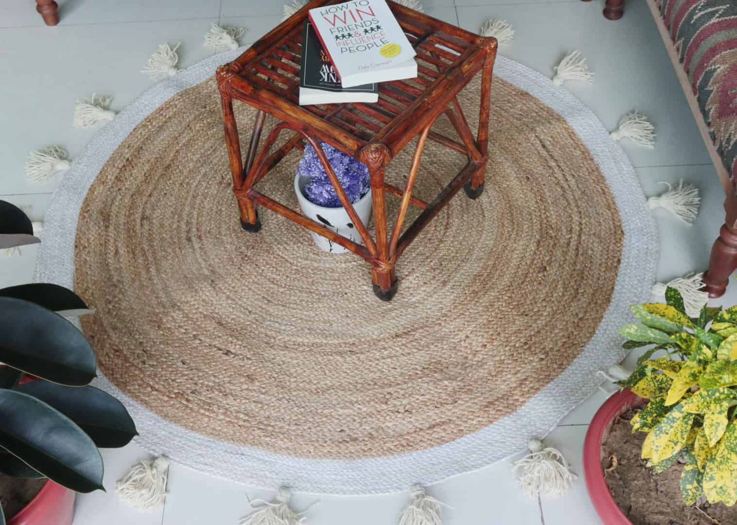 Beige with White Border and Fringes Handmade Bohemian Braided Round Jute Rug - Image 2