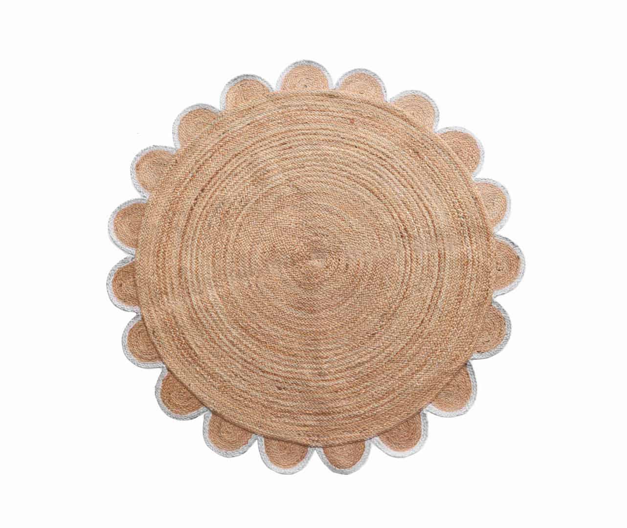 Indian Hand Braided Natural Round Jute Rug with Customized Color Scallop Border - Image 1