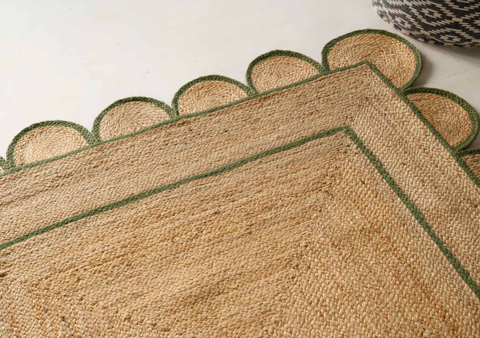 Hand Braided Rectangle Jute Rug Beige with Customized Color Scallop Border - Image 7