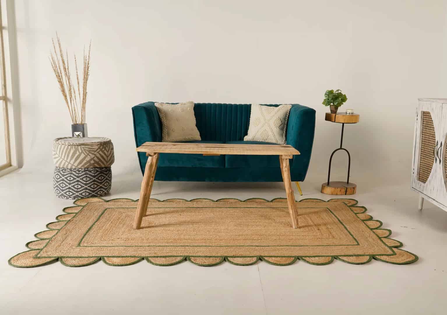 Hand Braided Rectangle Jute Rug Beige with Customized Color Scallop Border - Image 4