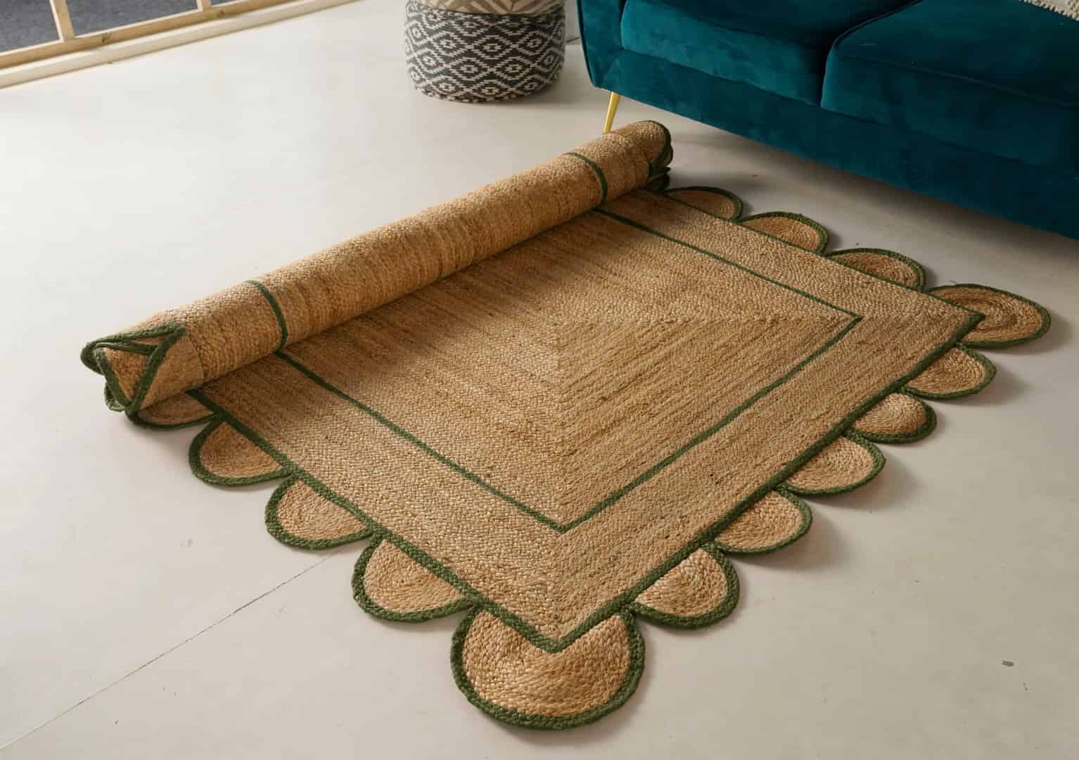 Hand Braided Rectangle Jute Rug Beige with Customized Color Scallop Border - Image 8
