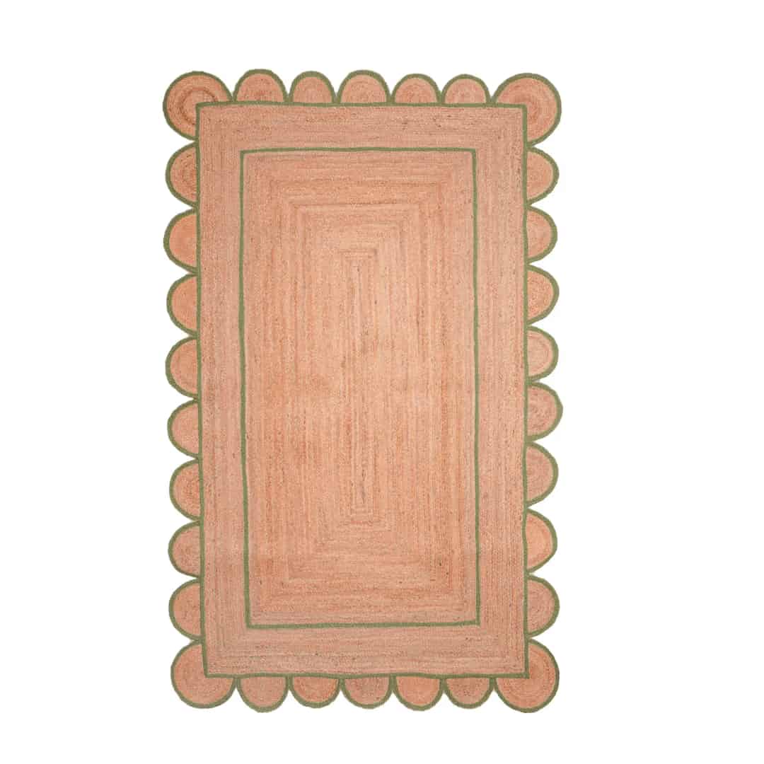 Hand Braided Rectangle Jute Rug Beige with Customized Color Scallop Border - Image 1