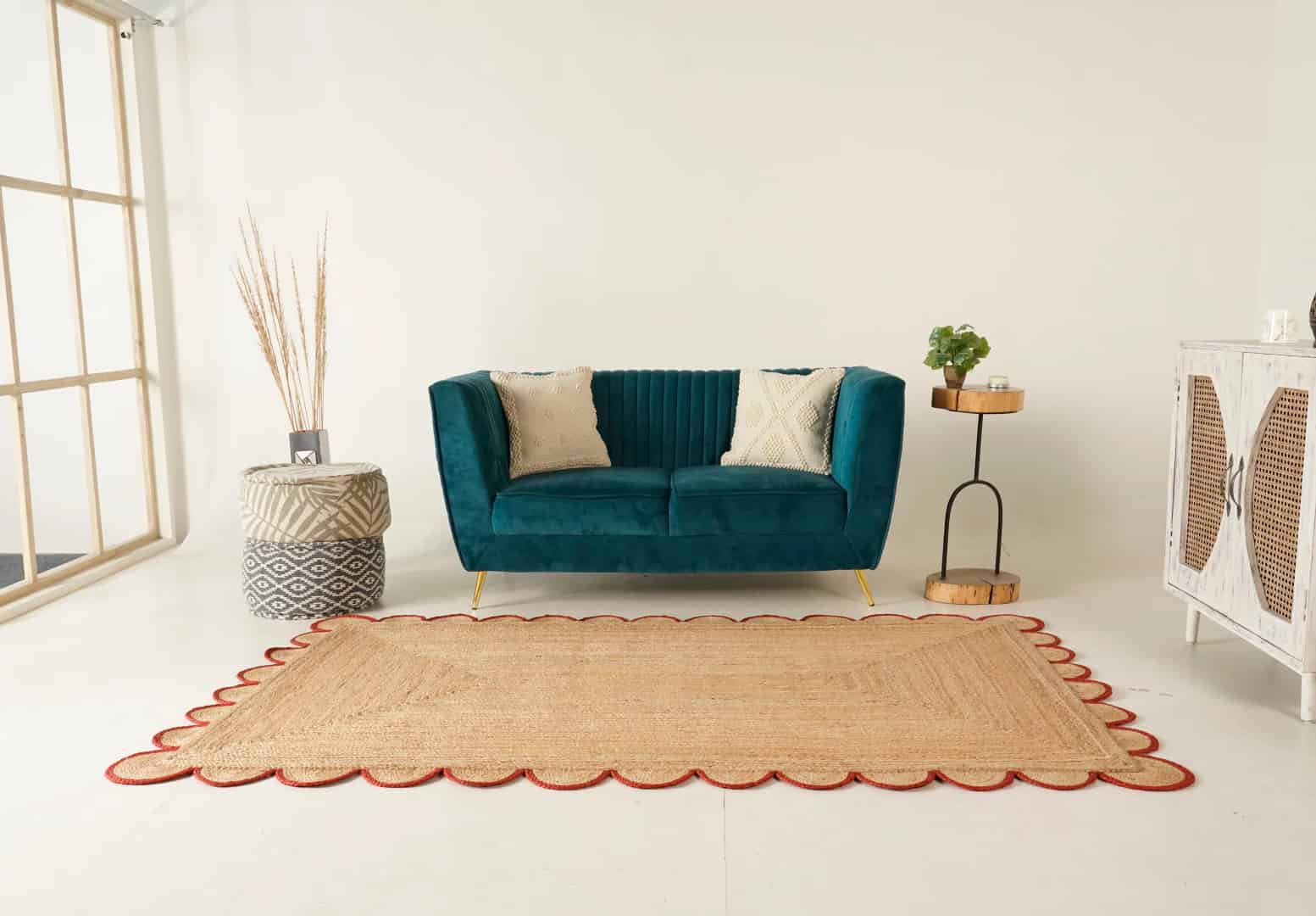 Hand Braided Rectangle Jute Rug Beige With Customized Color Scallop Border - Image 3