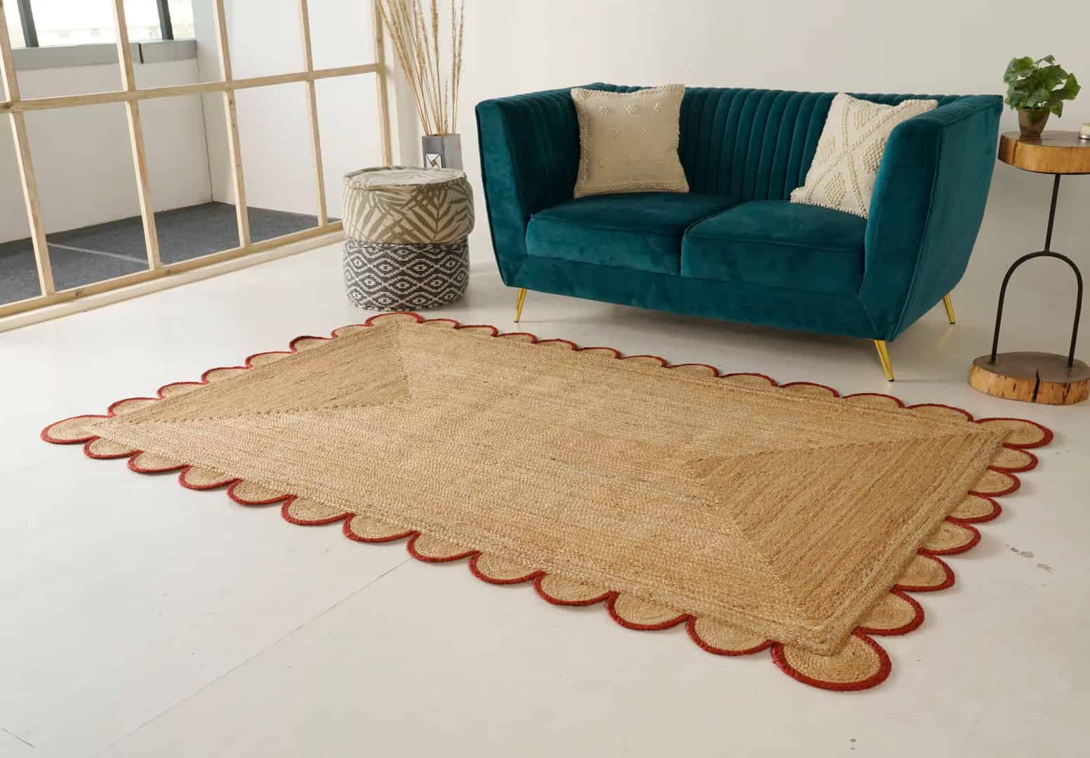 Hand Braided Rectangle Jute Rug Beige With Customized Color Scallop Border - Image 2