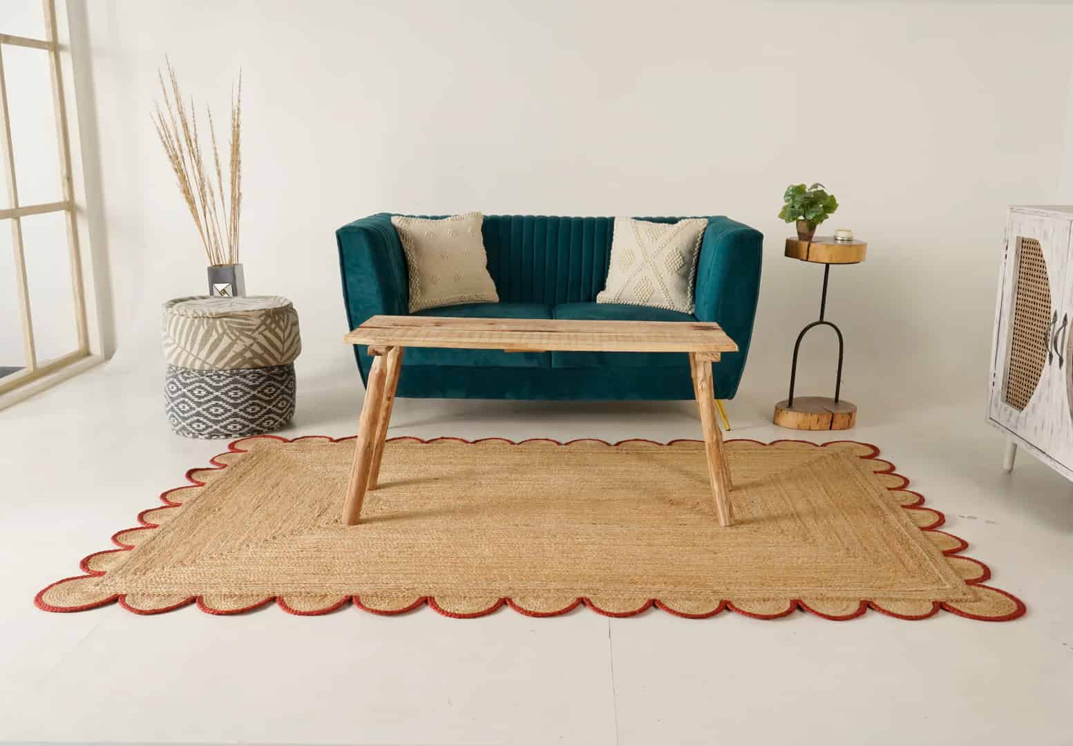 Hand Braided Rectangle Jute Rug Beige With Customized Color Scallop Border - Image 4