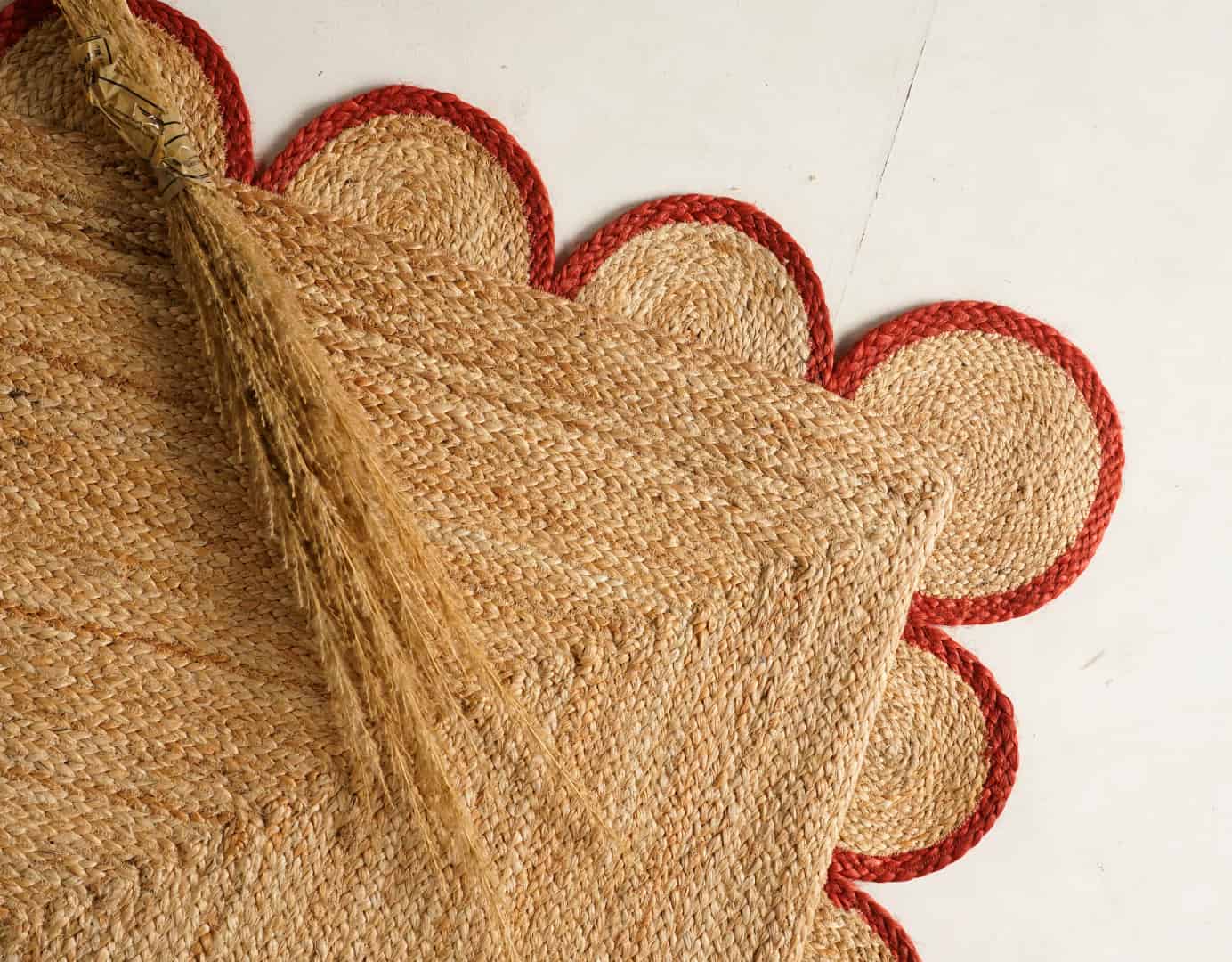 Hand Braided Rectangle Jute Rug Beige With Customized Color Scallop Border - Image 5