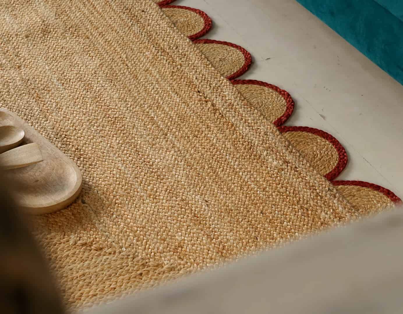 Hand Braided Rectangle Jute Rug Beige With Customized Color Scallop Border - Image 8