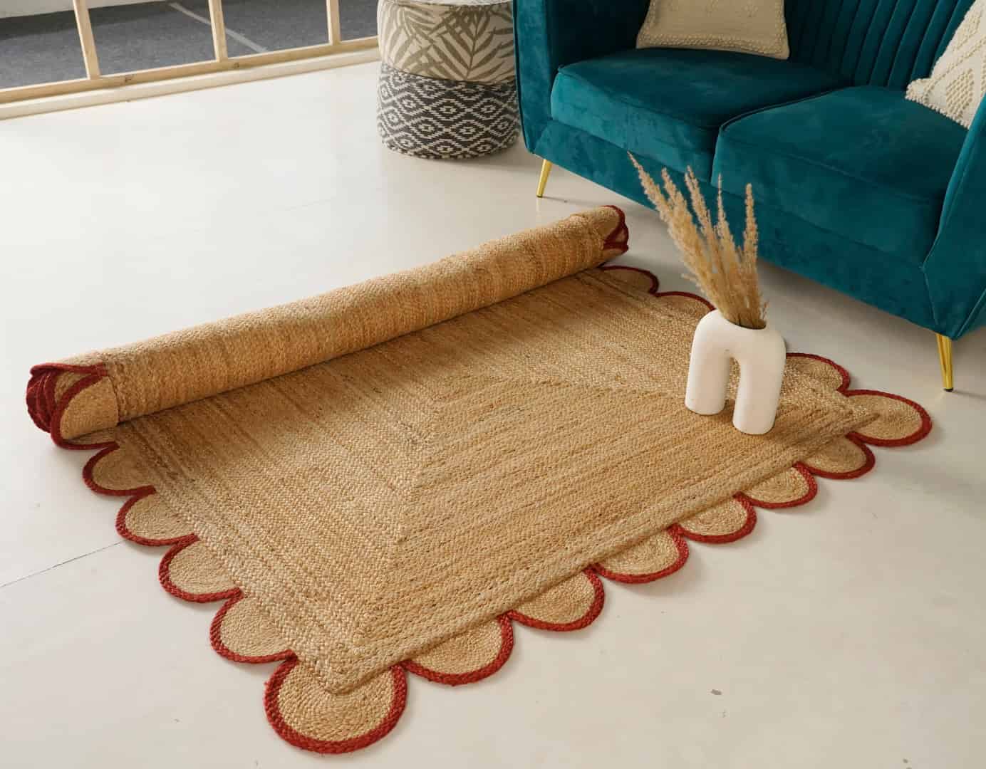 Hand Braided Rectangle Jute Rug Beige With Customized Color Scallop Border - Image 6