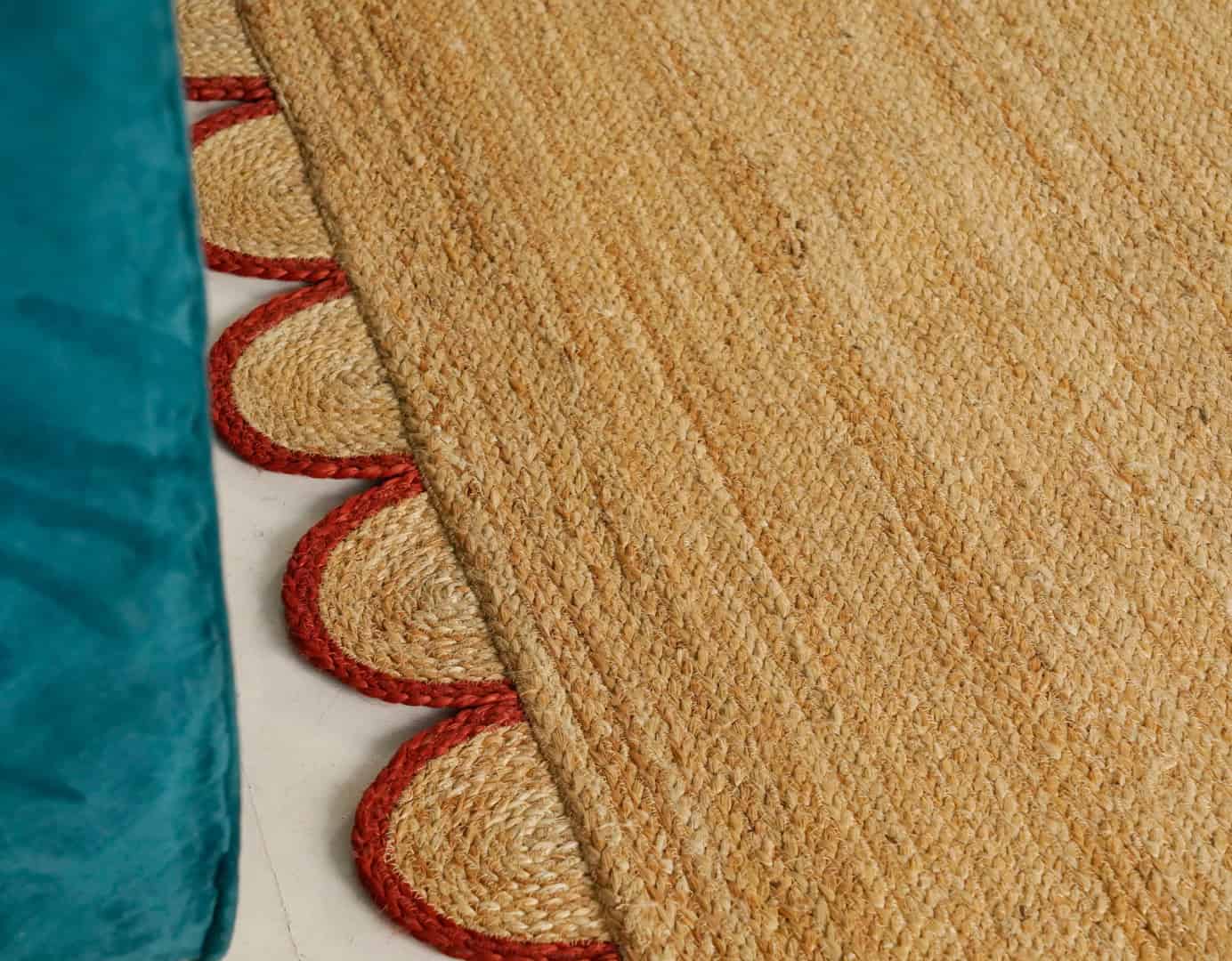 Hand Braided Rectangle Jute Rug Beige With Customized Color Scallop Border - Image 9