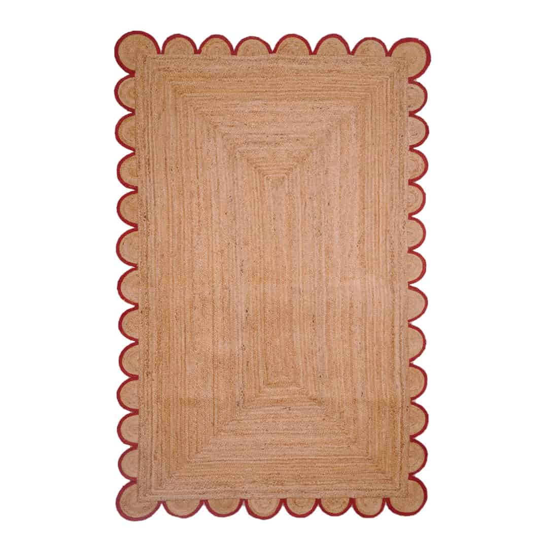 Hand Braided Rectangle Jute Rug Beige With Customized Color Scallop Border - Image 1