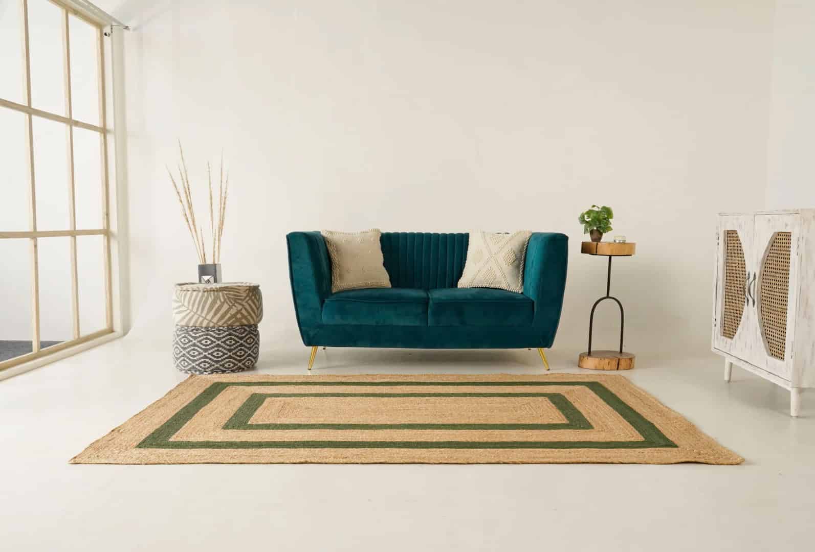 Indian Village Hand Braided Rectangle Jute Rug Beige With Double Line Customized Color Boder - Image 2