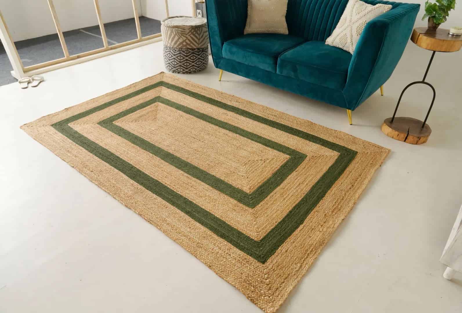 Indian Village Hand Braided Rectangle Jute Rug Beige With Double Line Customized Color Boder - Image 3