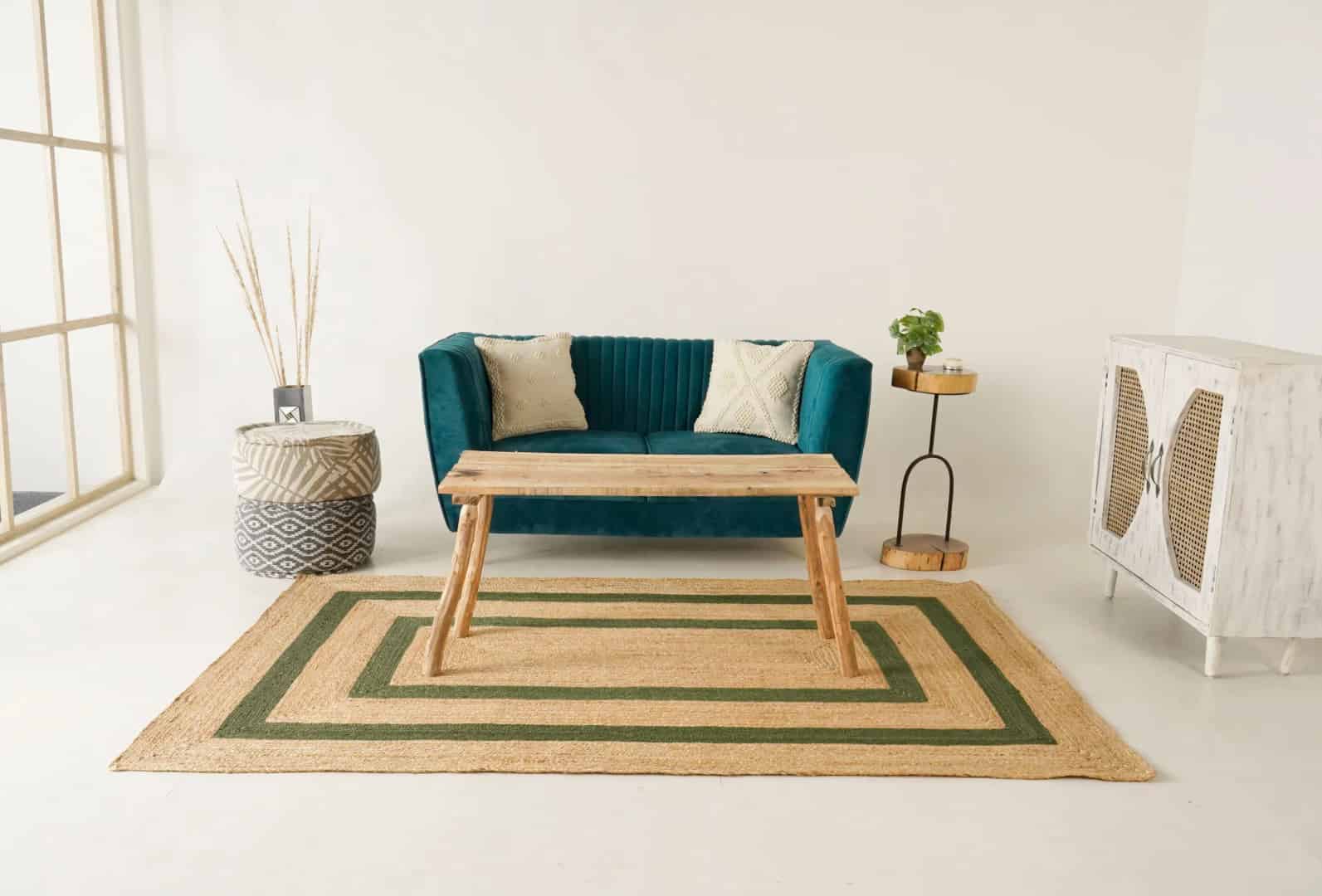 Indian Village Hand Braided Rectangle Jute Rug Beige With Double Line Customized Color Boder - Image 4