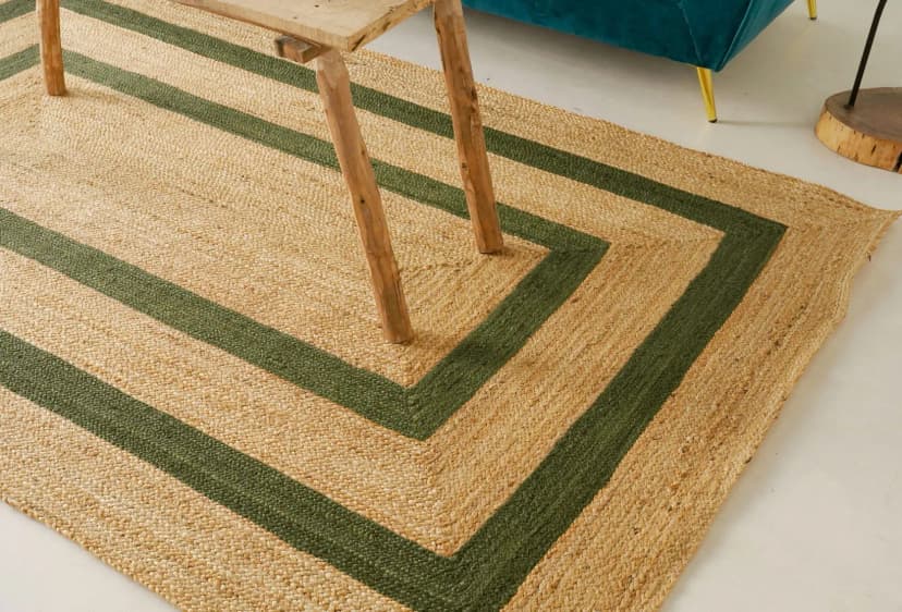 Indian Village Hand Braided Rectangle Jute Rug Beige With Double Line Customized Color Boder