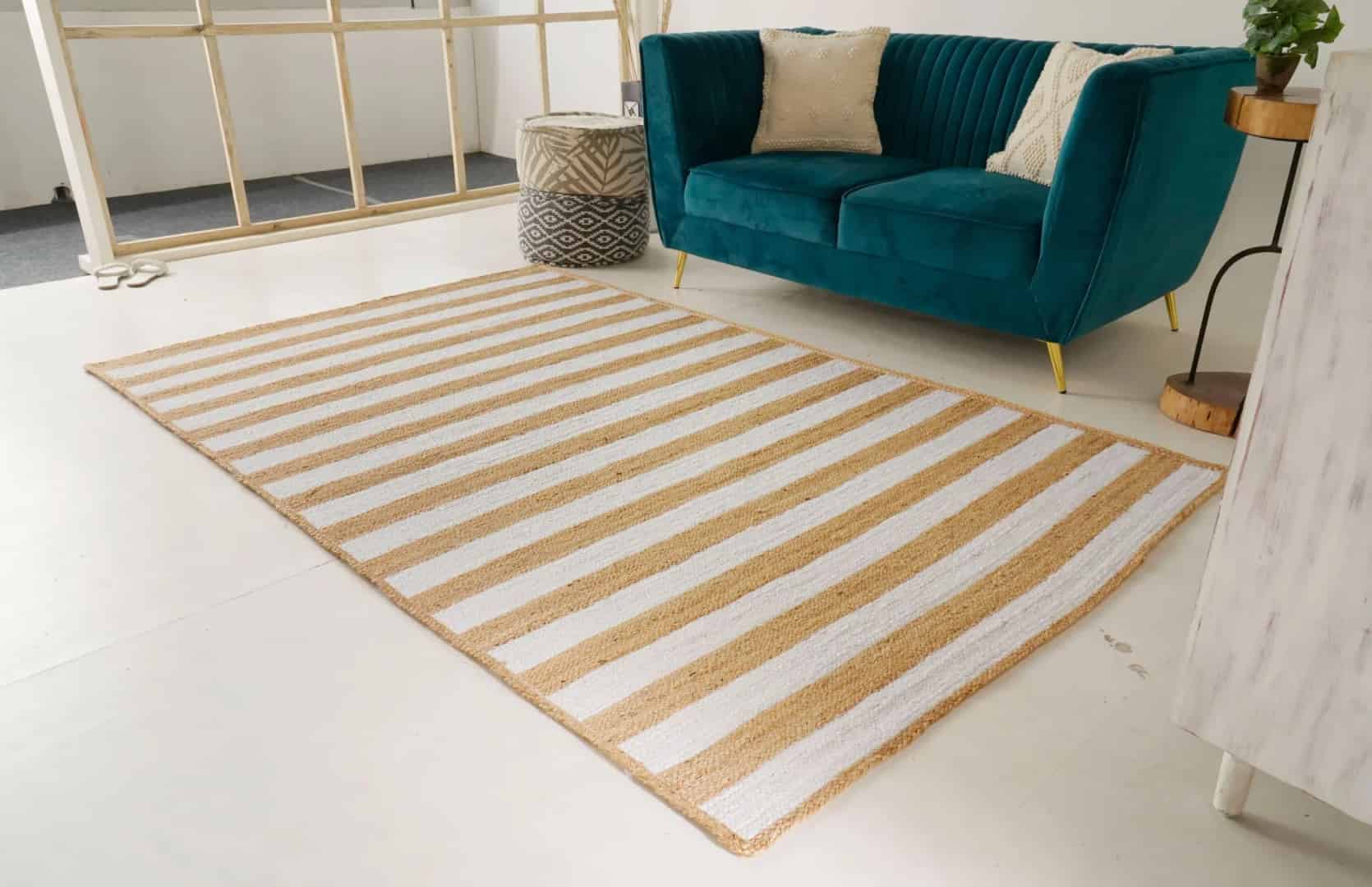 Traditional Indian Handmade Rectangle Jute Rug Beige with Customize Color Stripes Lines - Image 4