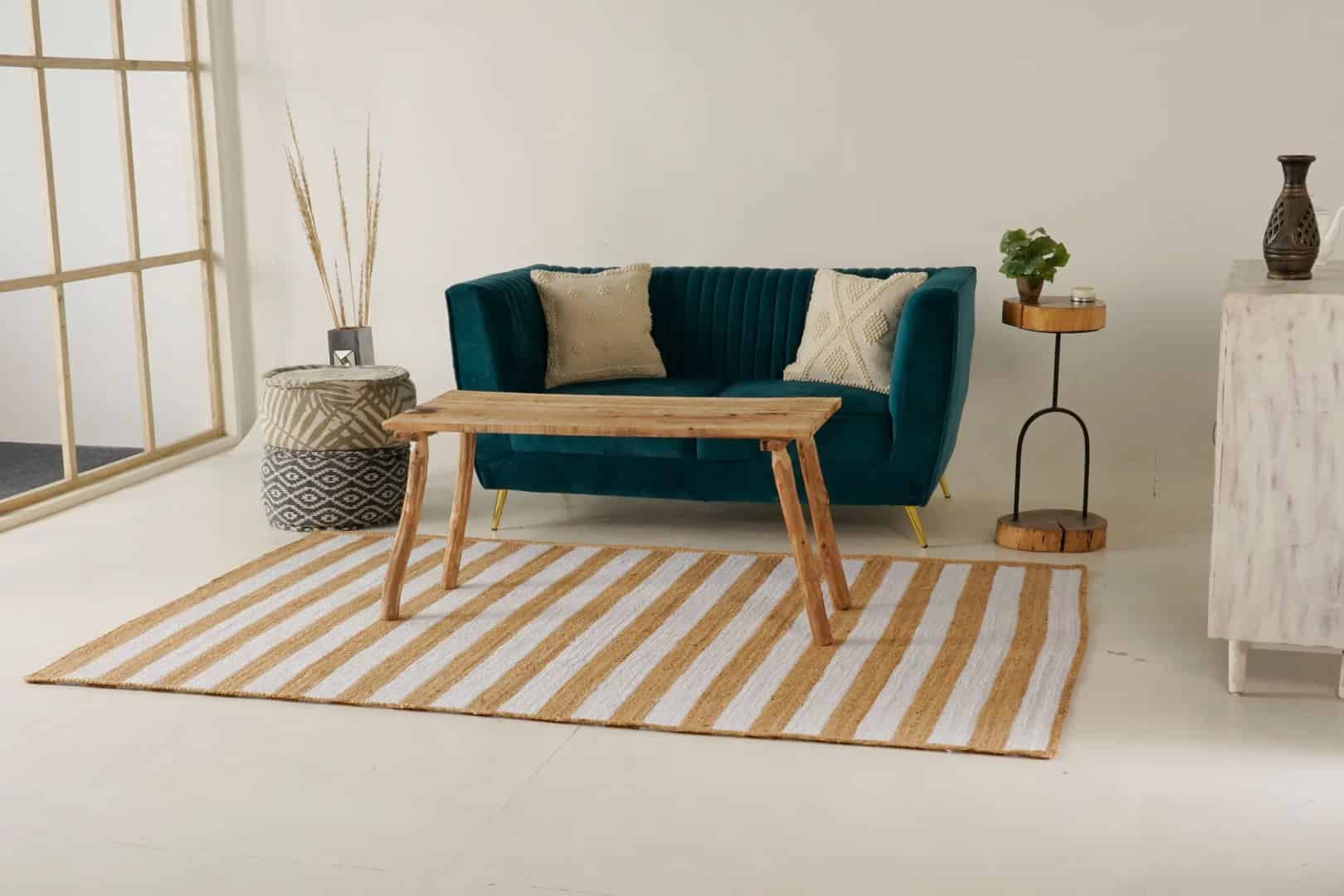 Traditional Indian Handmade Rectangle Jute Rug Beige with Customize Color Stripes Lines - Image 8