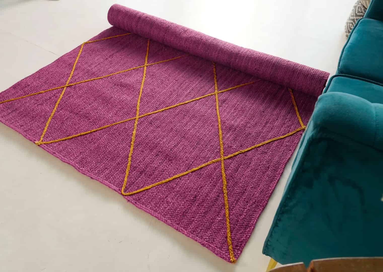 Hand Braided Rectangle Jute Rug Solid Color with Yellow Diamond Pattern - Image 4