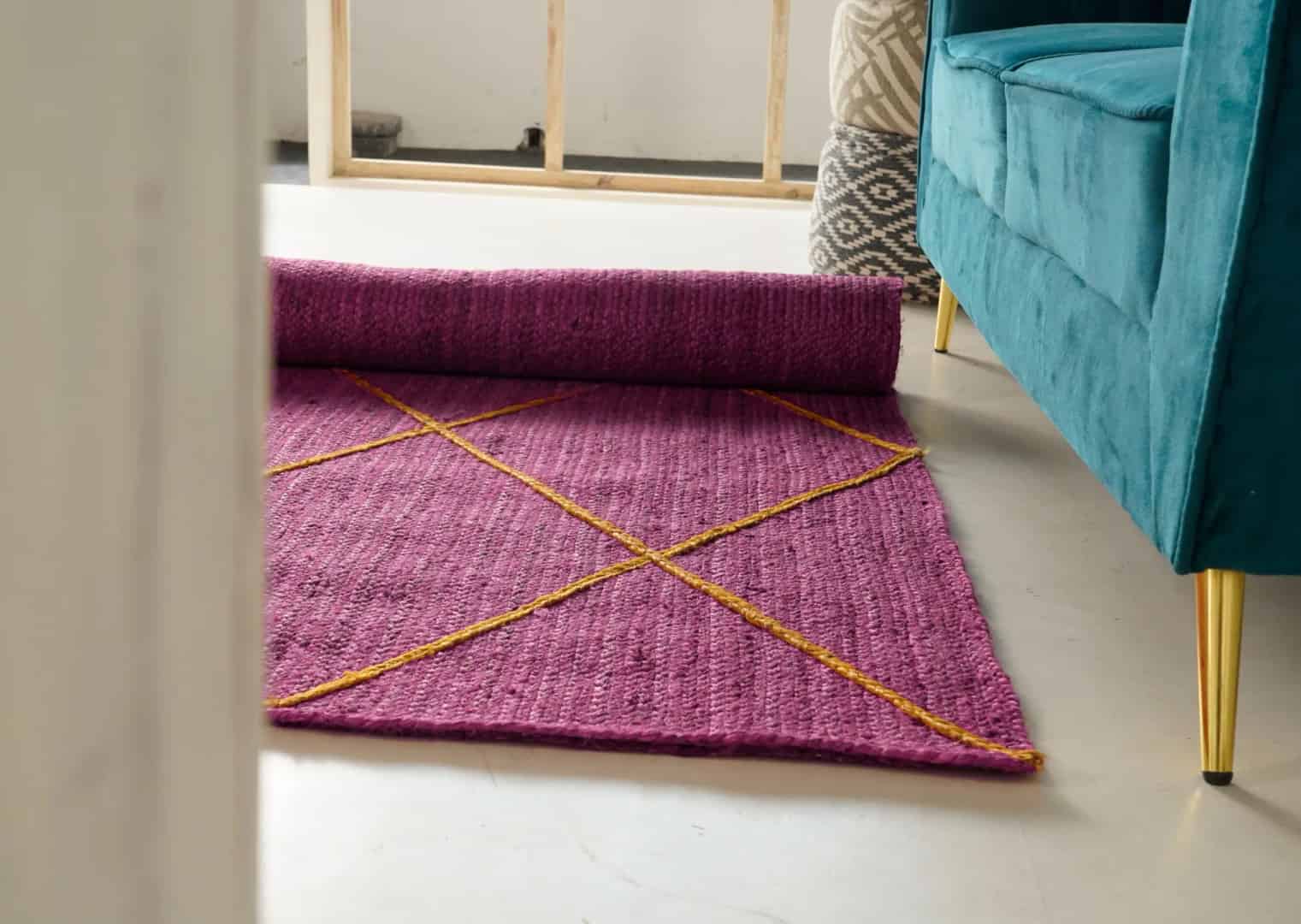 Hand Braided Rectangle Jute Rug Solid Color with Yellow Diamond Pattern - Image 6