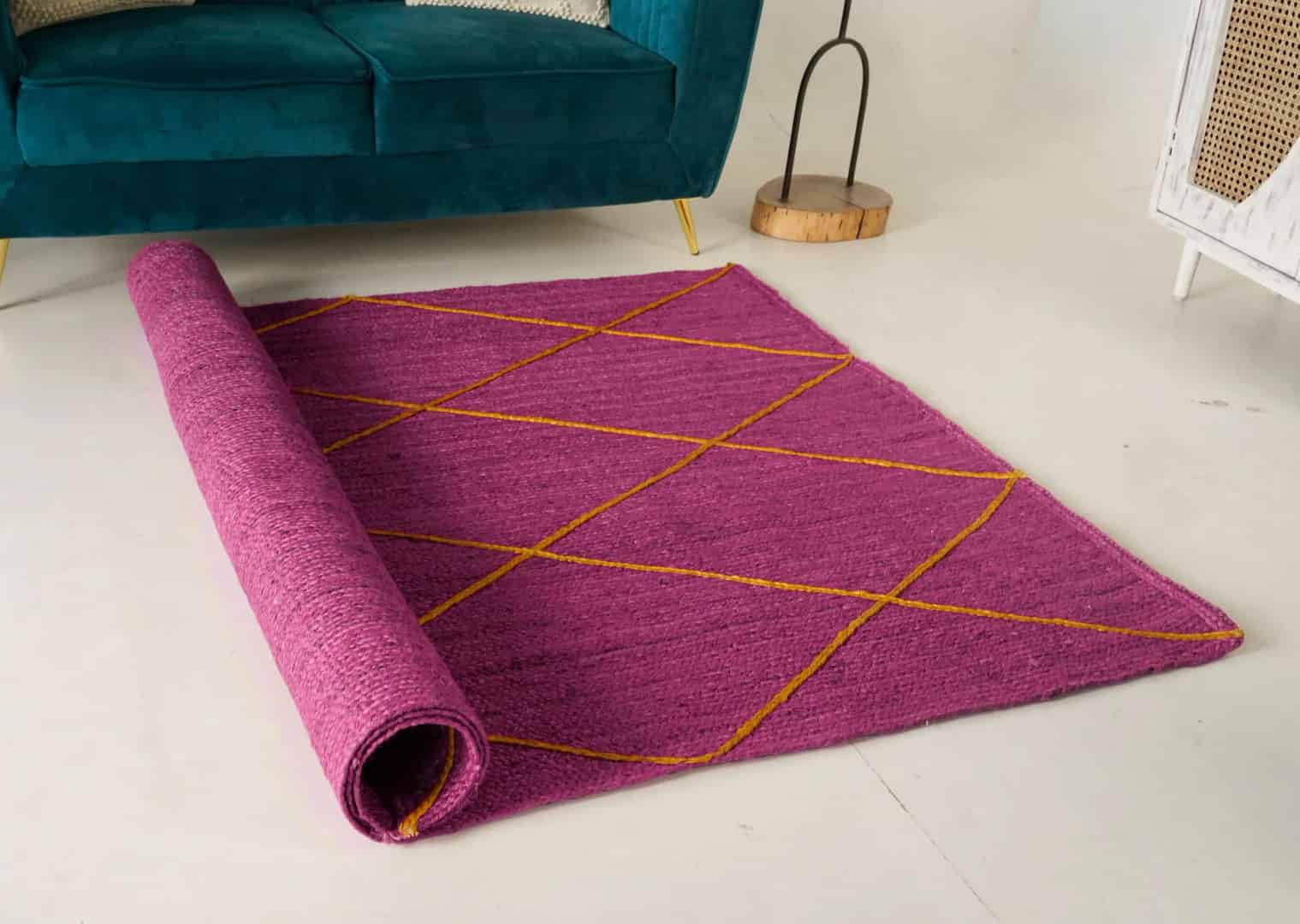 Hand Braided Rectangle Jute Rug Solid Color with Yellow Diamond Pattern - Image 7