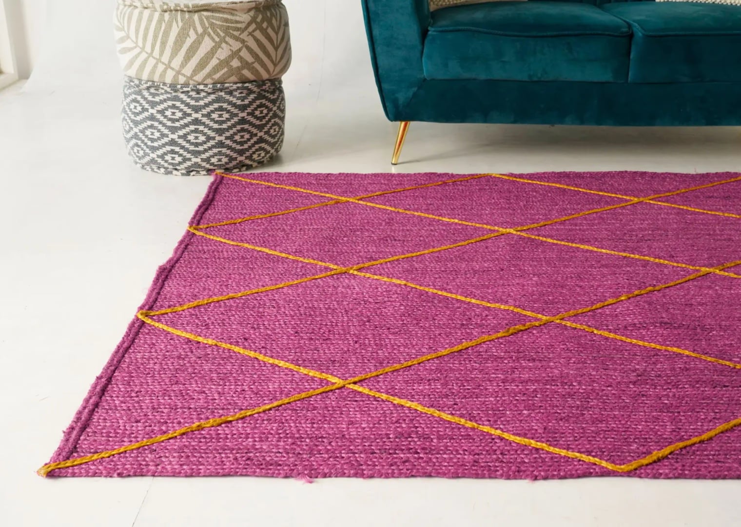 Hand Braided Rectangle Jute Rug Solid Color with Yellow Diamond Pattern