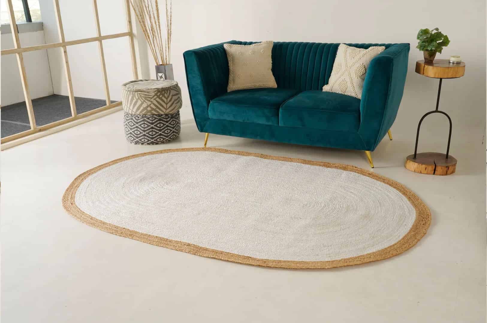 Indian Handmade Oval Jute Rug White Color with Beige Border - Image 3