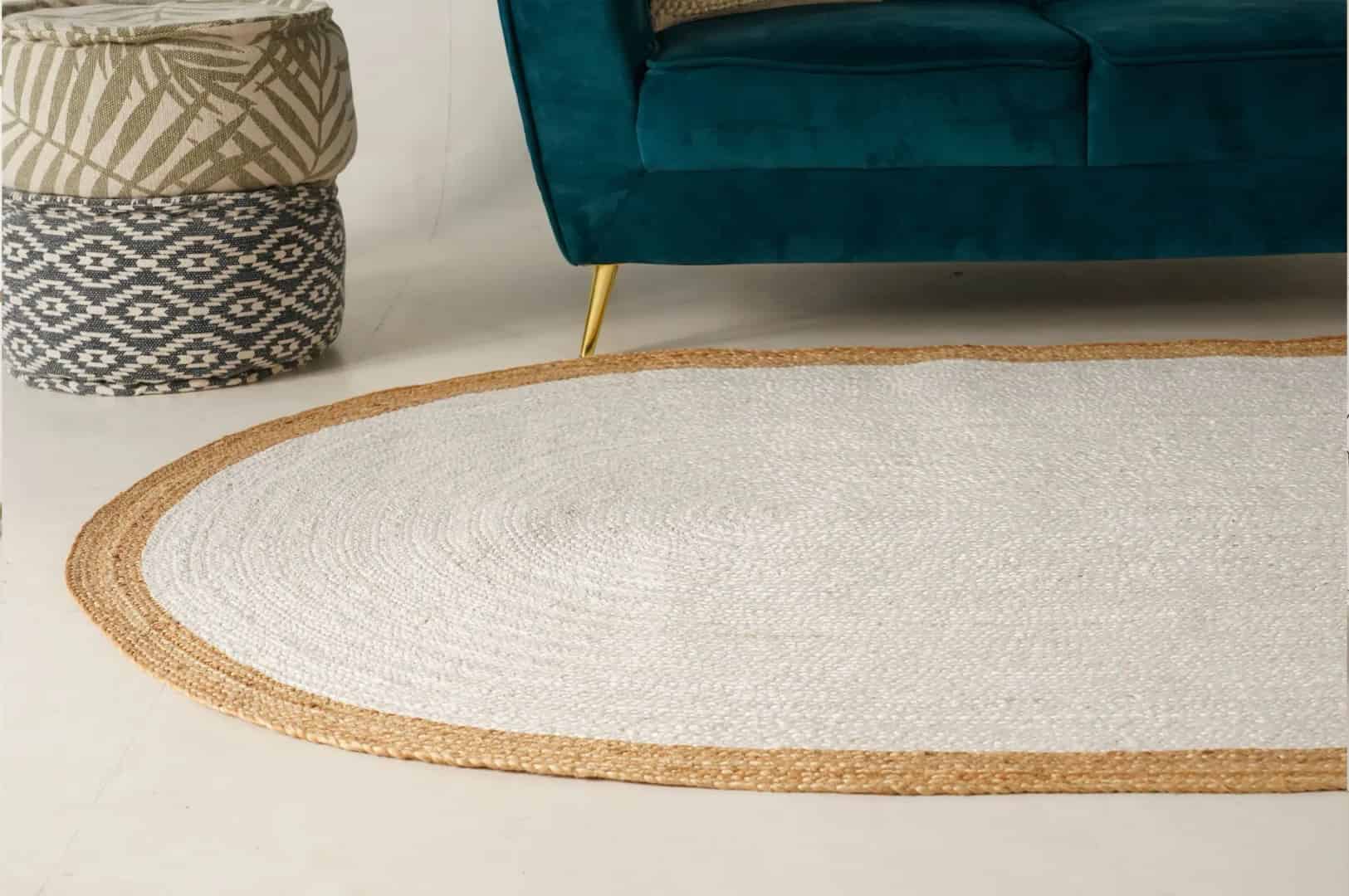 Indian Handmade Oval Jute Rug White Color with Beige Border - Image 8