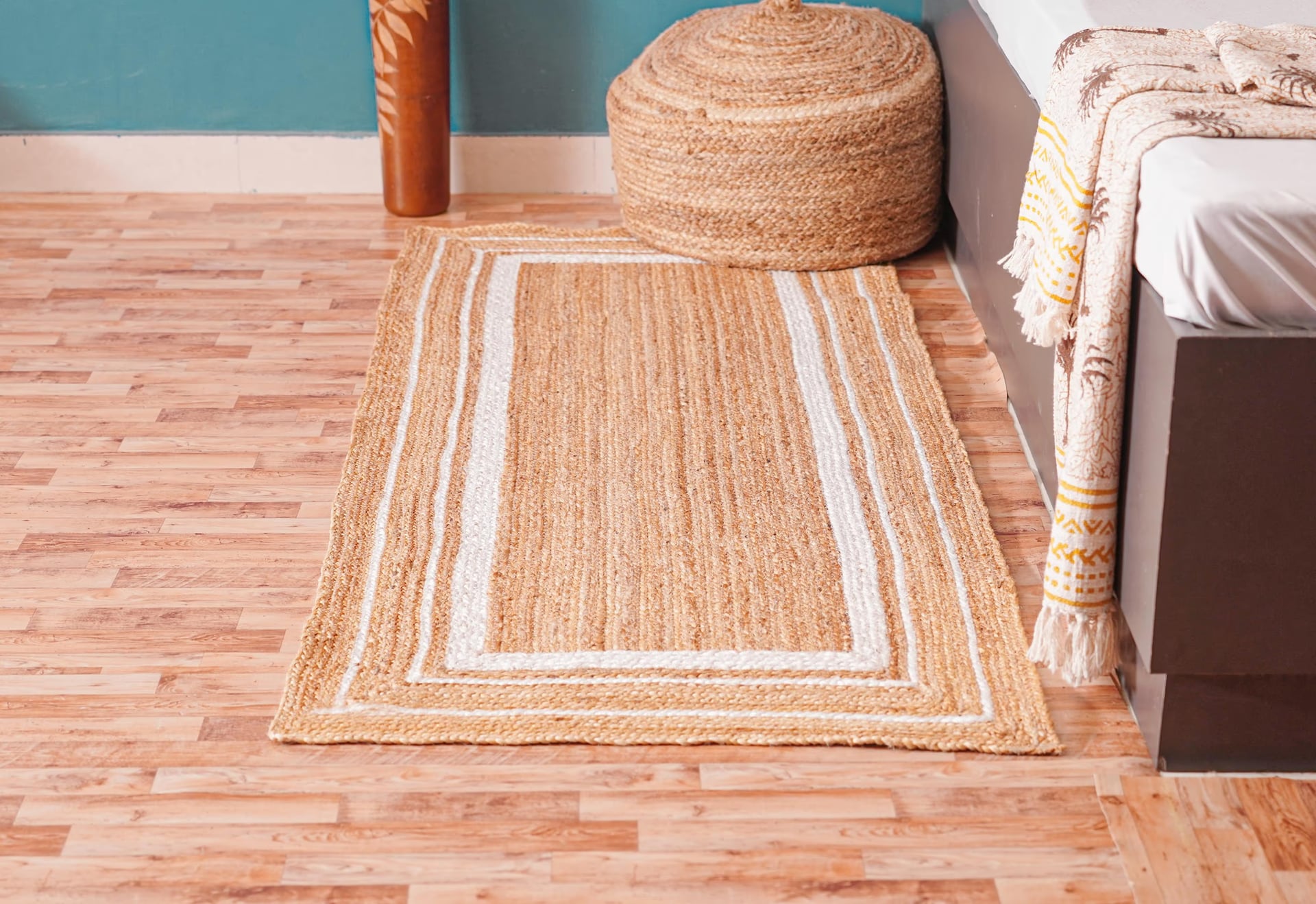 Hand Braided Beige Runner Jute Rug With White Triple Line Border