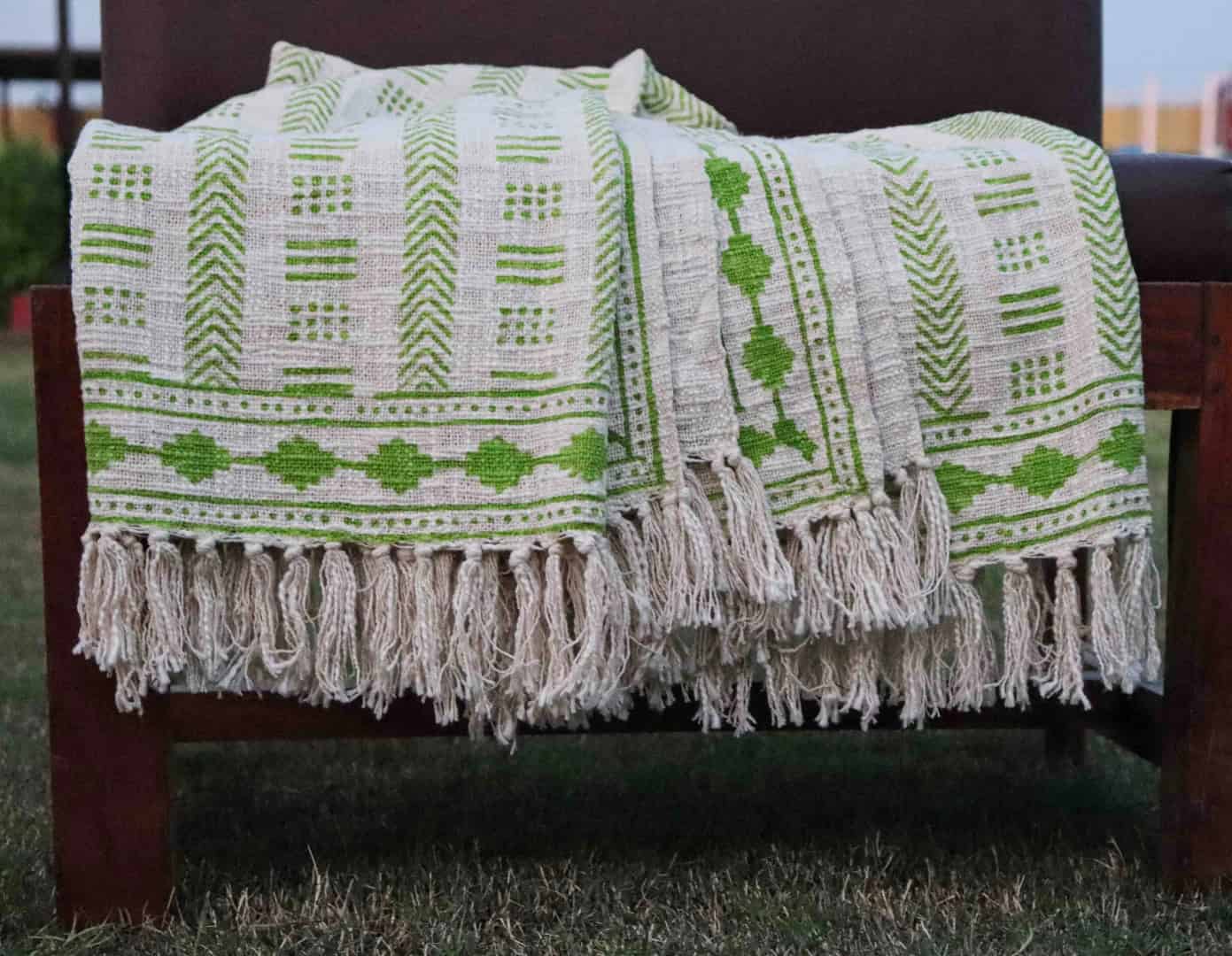 White Handmade Cotton Jute Rug With Green Design Throw Blanket And White Fringes Blanket Vintage Home Decor Blanket Boho Ethnic Beach Towel Hand Block Printed Throws - Image 2
